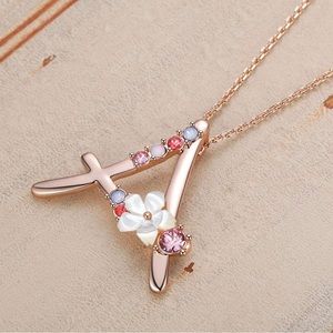 Flower Initial Necklace A-Z for Women 18"+2" made with Swarovski Crystals